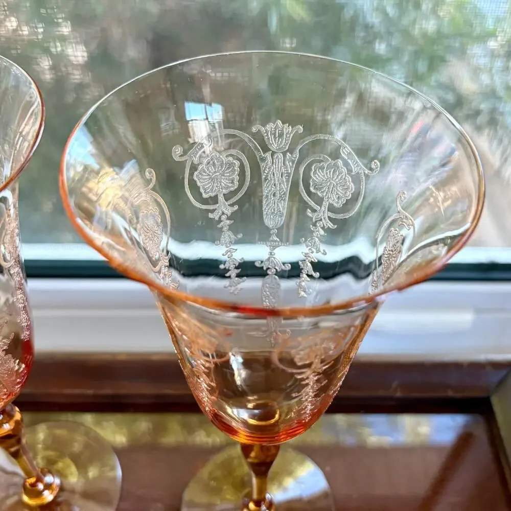 Set of 2 1940s Vintage Etched Amber Stem Wine Goblets Art Deco Glass UV Red Glow